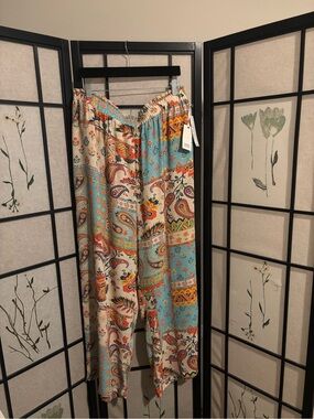 Rose and Olive Boho Paisley Wide-Leg Pants in Aqua & Cream